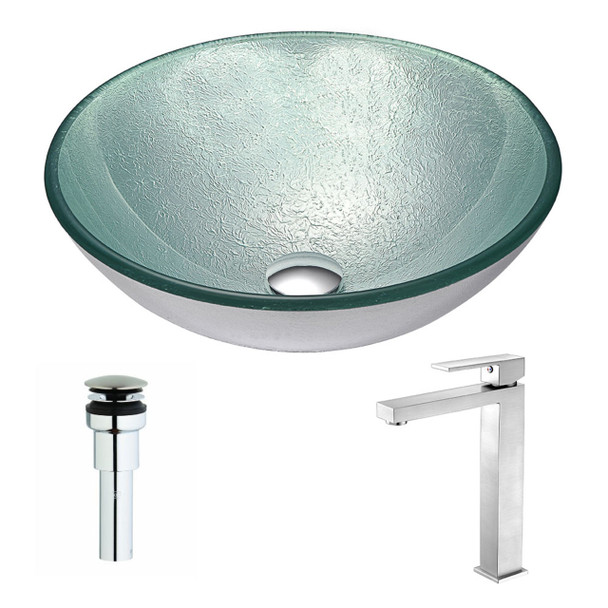 ANZZI Spirito Series Deco-glass Vessel Sink In Churning Silver With Enti Faucet In Brushed Nickel - LSAZ055-096B