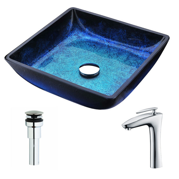 ANZZI Viace Series Deco-glass Vessel Sink In Blazing Blue With Crown Faucet In Chrome - LSAZ056-022