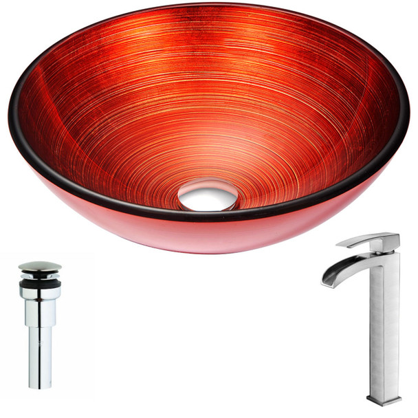 ANZZI Echo Series Deco-glass Vessel Sink In Lustrous Red With Key Faucet In Brushed Nickel - LSAZ057-097B