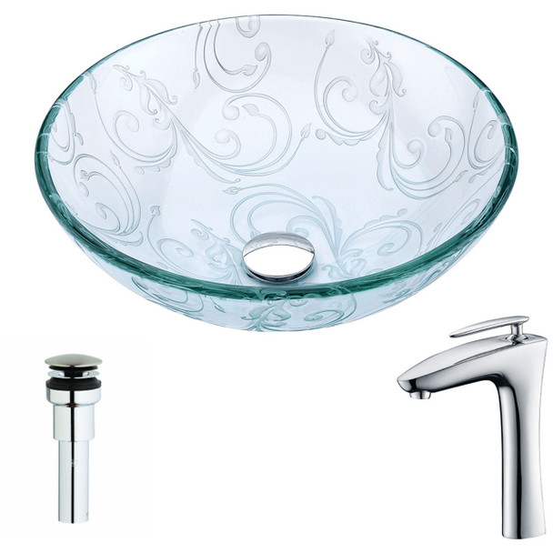 ANZZI Vieno Series Deco-glass Vessel Sink In Crystal Clear Floral With Crown Faucet In Chrome - LSAZ065-022