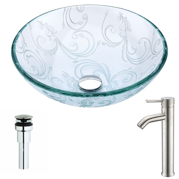 ANZZI Vieno Series Deco-glass Vessel Sink In Crystal Clear Floral With Fann Faucet In Brushed Nickel - LSAZ065-040