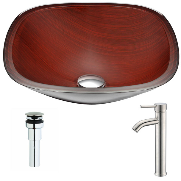 ANZZI Cansa Series Deco-glass Vessel Sink In Rich Timber With Fann Faucet In Brushed Nickel - LSAZ066-040