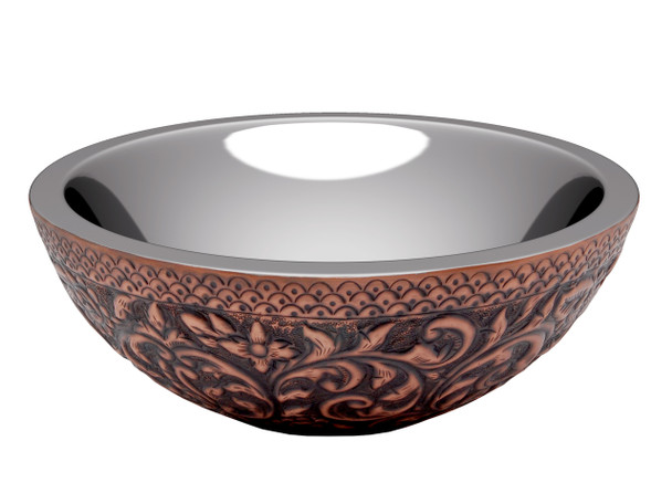 ANZZI Moor 14 In.  Handmade Vessel Sink In Polished Antique Copper With Nickel Interior And Floral Design Exterior - LS-AZ341