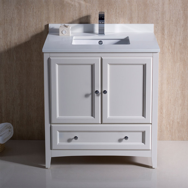 Fresca Oxford 30" Antique White Traditional Bathroom Cabinet W/ Top & Sink - FCB2030AW-CWH-U