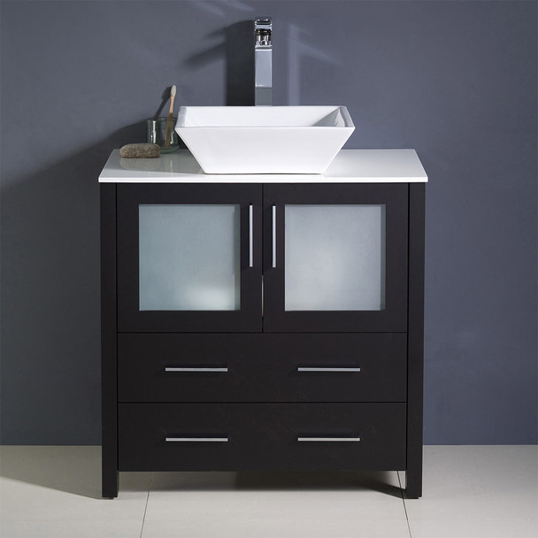 Fresca Torino 30" Espresso Modern Bathroom Cabinet W/ Top & Vessel Sink - FCB6230ES-CWH-V