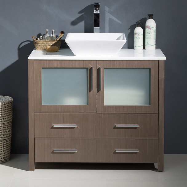 Fresca Torino 36" Gray Oak Modern Bathroom Cabinet W/ Top & Vessel Sink - FCB6236GO-CWH-V