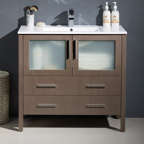 Fresca Torino 36" Gray Oak Modern Bathroom Cabinet W/ Integrated Sink - FCB6236GO-I