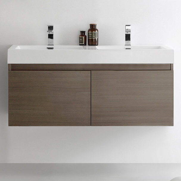 Fresca Mezzo 48" Gray Oak Wall Hung Double Sink Modern Bathroom Cabinet W/ Integrated Sink - FCB8012GO-I