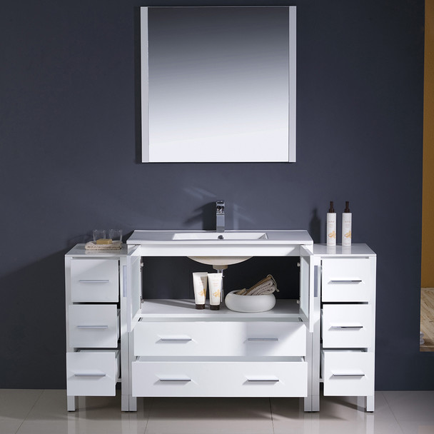 Fresca Torino 60" White Modern Bathroom Vanity W/ 2 Side Cabinets & Integrated Sink - FVN62-123612WH-UNS
