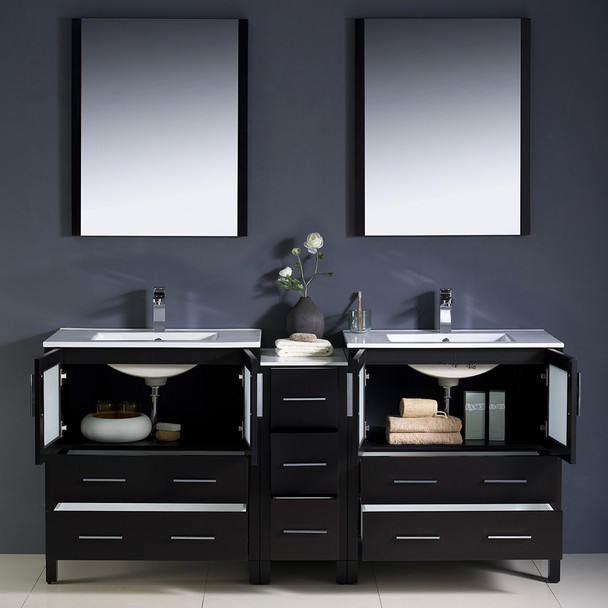 Fresca Torino 72" Espresso Modern Double Sink Bathroom Vanity W/ Side Cabinet & Integrated Sinks - FVN62-301230ES-UNS