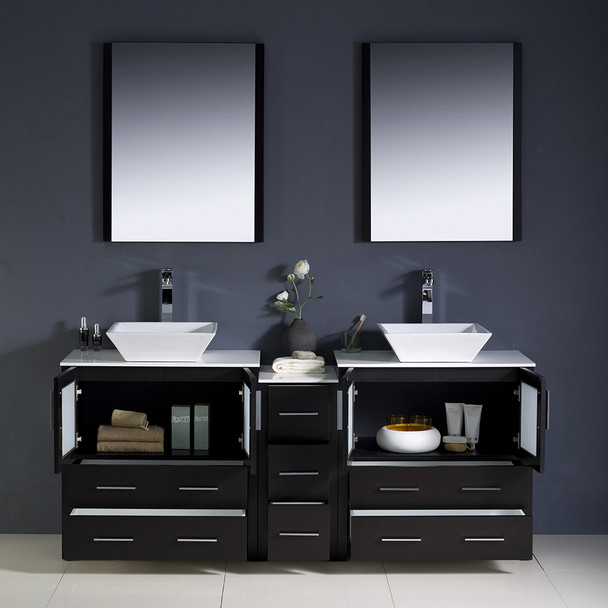 Fresca Torino 72" Espresso Modern Double Sink Bathroom Vanity W/ Side Cabinet & Vessel Sinks - FVN62-301230ES-VSL