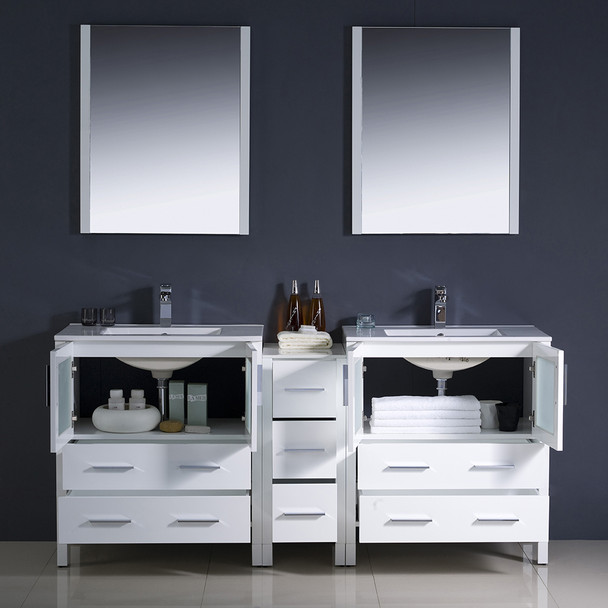 Fresca Torino 72" White Modern Double Sink Bathroom Vanity W/ Side Cabinet & Integrated Sinks - FVN62-301230WH-UNS
