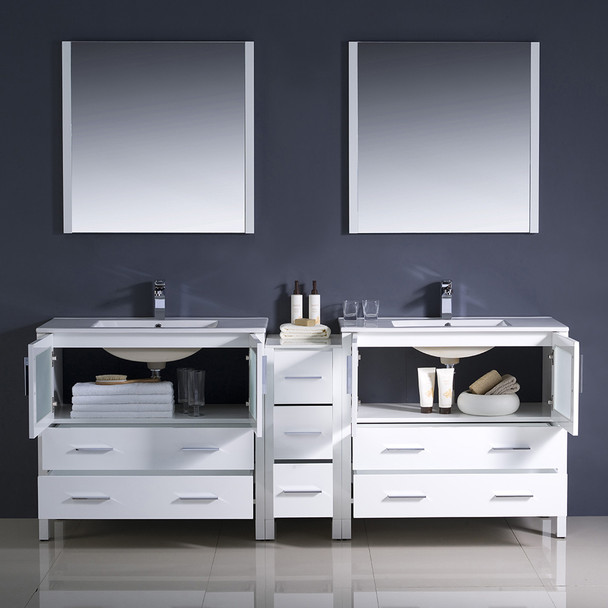 Fresca Torino 84" White Modern Double Sink Bathroom Vanity W/ Side Cabinet & Integrated Sinks - FVN62-361236WH-UNS
