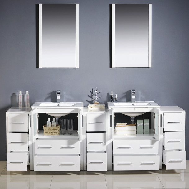Fresca Torino 84" White Modern Double Sink Bathroom Vanity W/ 3 Side Cabinets & Integrated Sinks - FVN62-72WH-UNS