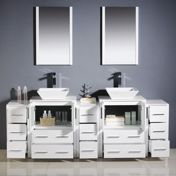 Fresca Torino 84" White Modern Double Sink Bathroom Vanity W/ 3 Side Cabinets & Vessel Sinks - FVN62-72WH-VSL