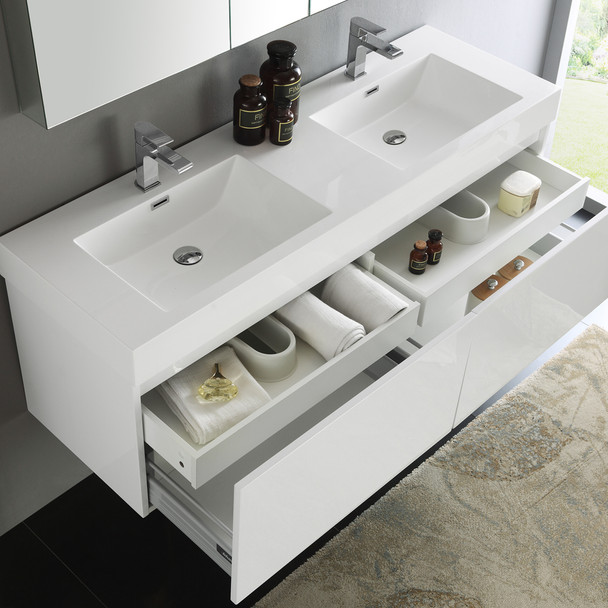 Fresca Mezzo 60" White Wall Hung Double Sink Modern Bathroom Vanity W/ Medicine Cabinet - FVN8042WH