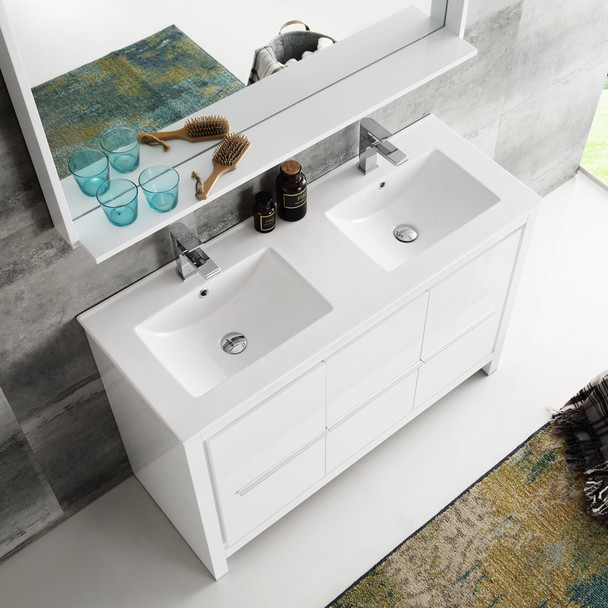 Fresca Allier 48" White Modern Double Sink Bathroom Vanity W/ Mirror - FVN8148WH-D