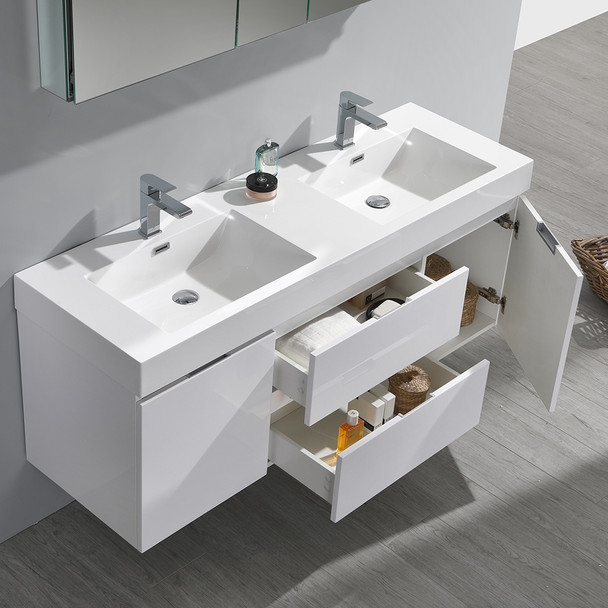 Fresca Valencia 60" Glossy White Wall Hung Double Sink Modern Bathroom Vanity W/ Medicine Cabinet - FVN8360WH-D