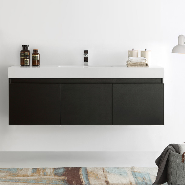 Fresca Mezzo 60" Black Wall Hung Single Sink Modern Bathroom Cabinet W/ Integrated Sink - FCB8041BW-I