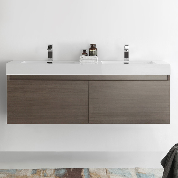Fresca Mezzo 60" Gray Oak Wall Hung Double Sink Modern Bathroom Cabinet W/ Integrated Sink - FCB8042GO-I
