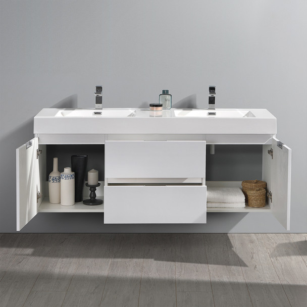 Fresca Valencia 60" Glossy White Wall Hung Double Sink Modern Bathroom Vanity - FCB8360WH-D-I