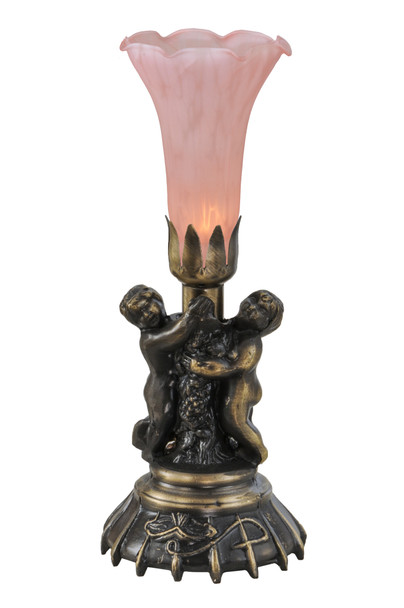 Meyda 13"high Pink Twin Cherub Pond Lily Mini Lamp - 11015