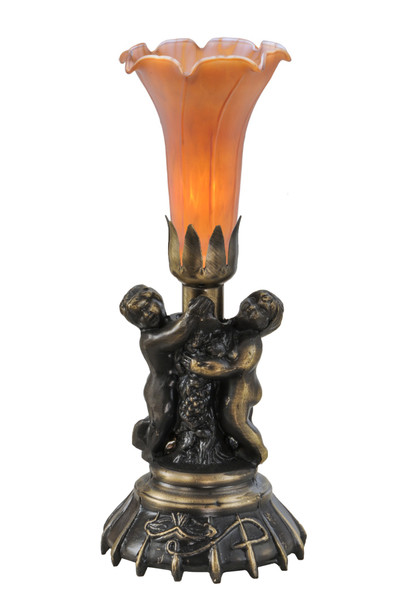 Meyda 13"high Amber Twin Cherub Pond Lily Mini Lamp - 11021