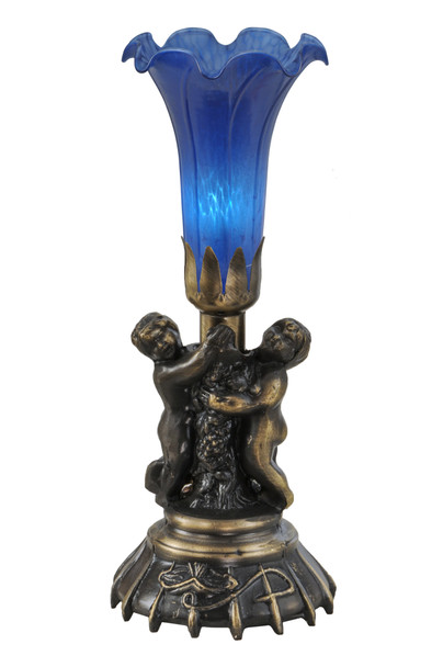 Meyda 13"high Blue Twin Cherub Pond Lily Mini Lamp - 11038