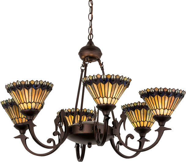 Meyda 33"w Tiffany Jeweled Peacock 6 Lt Chandelier - 16099