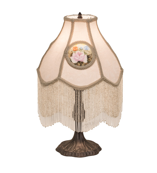 Meyda 20"h Reverse Painted Roses Fabric With Fringe Table Lamp - 18092