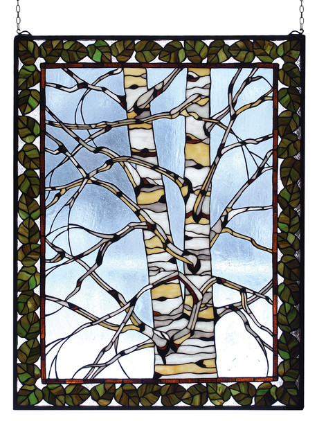 Meyda 28"w X 36"h Birch Tree In Winter Stained Glass Window - 73265