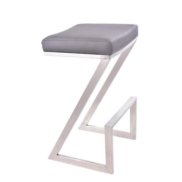 Armen Living Atlantis 30" Bar Height Backless Barstool In Brushed Stainless Steel Finish With Grey Faux Leather