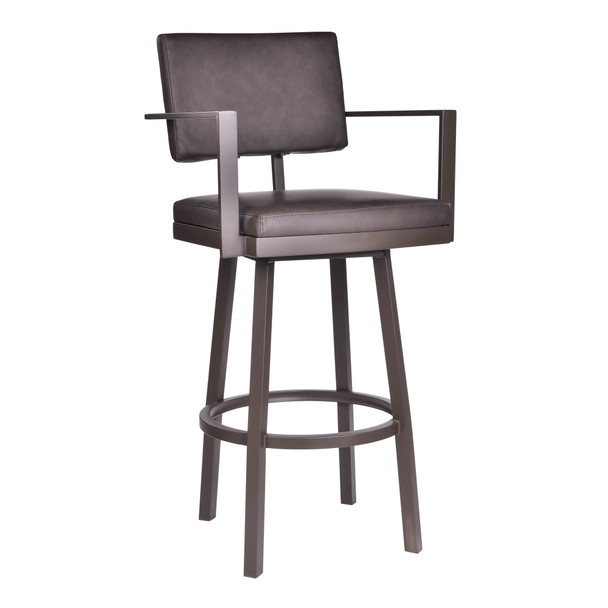 Armen Living Balboa 30” Bar Height Barstool With Arms In Brown Powder Coated Finish And Vintage Brown Faux Leather