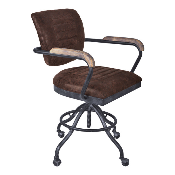 Brice Modern Office Chair In Industrial Grey Finish And Brown Fabric With Pine Wood Arms