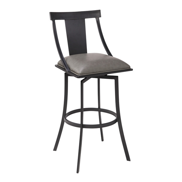 Brisbane Contemporary 30" Bar Height Barstool In Matte Black Finish And Vintage Grey Faux Leather
