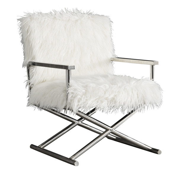 Armen Living Calgary Contemporary Accent Chair In Polished Stainless Steel Finish With White Faux Fur