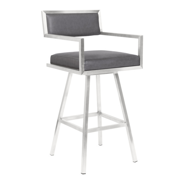 Armen Living Dylan 30" Bar Height Barstool In Brushed Stainless Steel And Vintage Grey Faux Leather