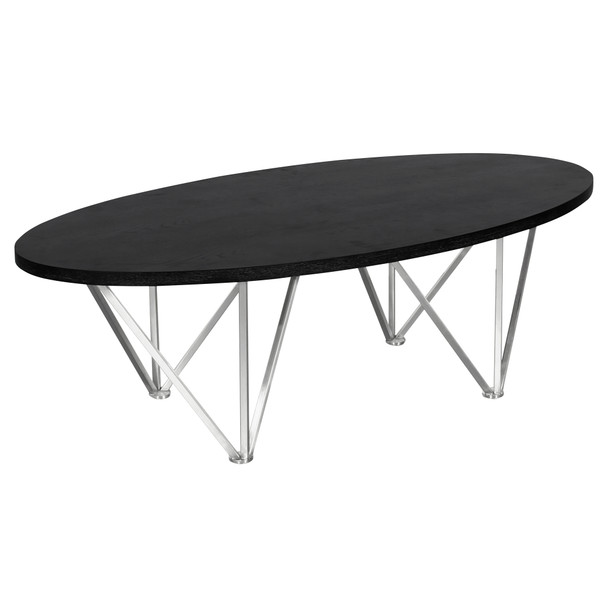 Armen Living Emerald Contemporary Oval Coffee Table In Brushed Stainless Steel With Black Ash Wood Top