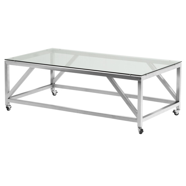 Armen Living Enessa Contemporary Rectangular Coffee Table With Wheels In Brushed Stainless Steel With Tempered Glass Top