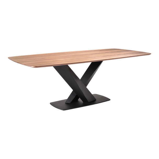 Everett Contemporary Dining Table In Matte Black Finish And Walnut Top