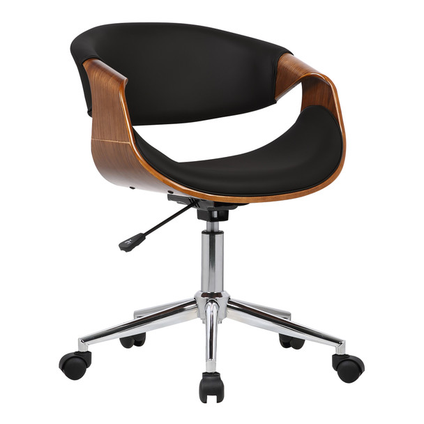 Armen Living Geneva Mid-century Office Chair In Chrome Finish With Black Faux Leather And Walnut Veneer Arms