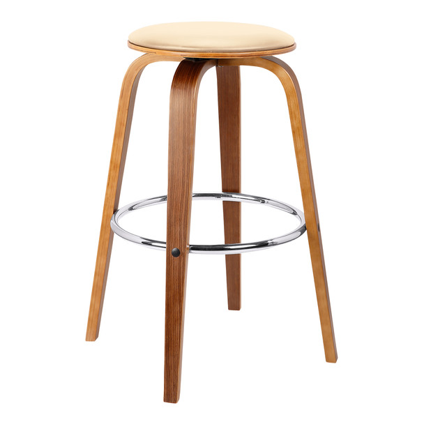 Armen Living Harbor 30" Mid-century Swivel Bar Height Backless Barstool In Cream Faux Leather With Walnut Veneer
