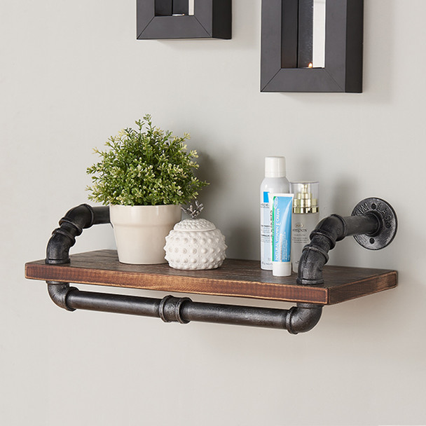 Armen Living 24" Isadore Industrial Pine Wood Floating Wall Shelf In Gray And Walnut Finish
