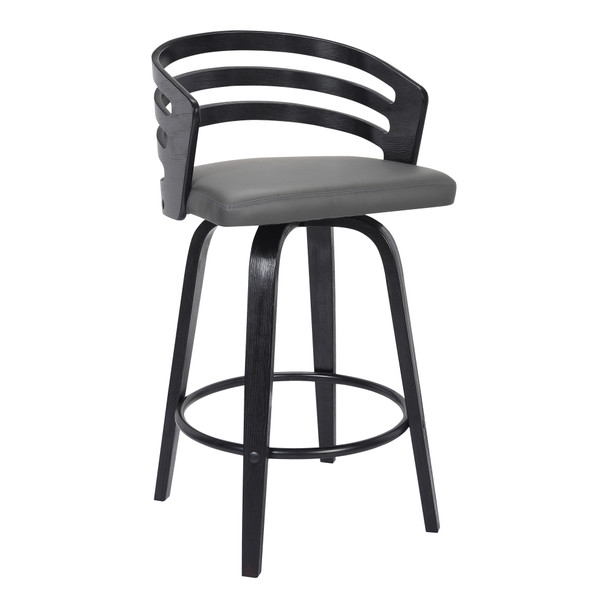 Jayden Contemporary 26" Counter Height swivel Barstool In Black Brush Wood Finish and Grey Faux Leather