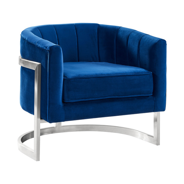 Armen Living Kamila Contemporary Accent Chair In Blue Velvet And Brushed Stainless Steel Finish