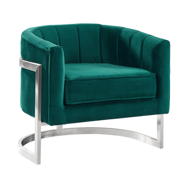 Armen Living Kamila Contemporary Accent Chair In Green Velvet And Brushed Stainless Steel Finish