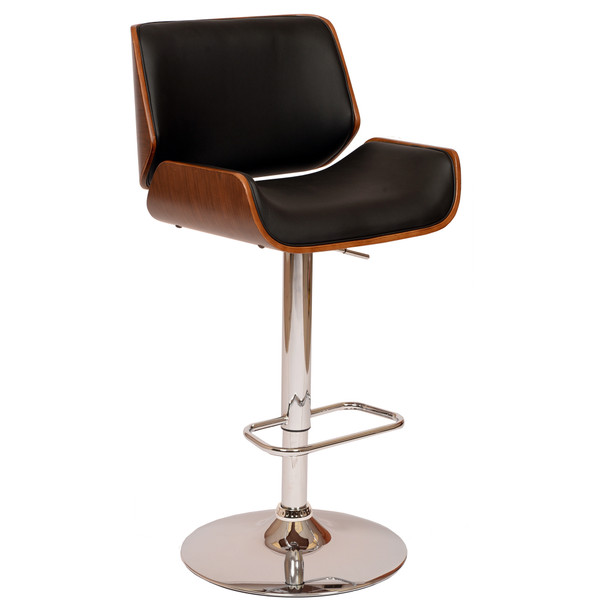 Armen Living London Swivel Barstool In Black Pu/ Walnut Veneer And Chrome Base