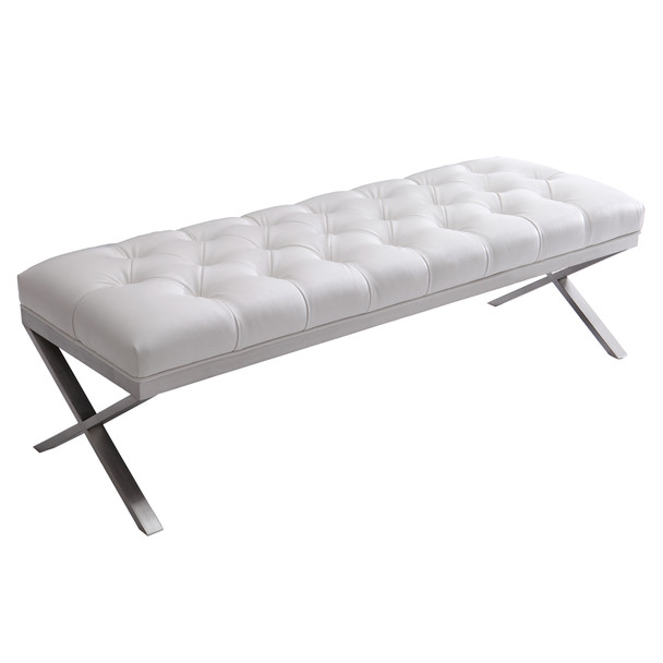 Armen Living Milo Bench In Brushed Stainless Steel Finish With White Pu