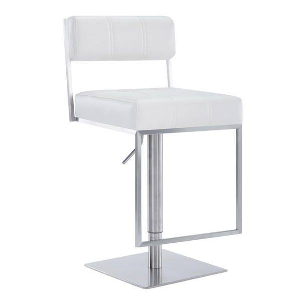 Michele Contemporary Swivel Barstool In Brushed Stainless Steel And White Faux Leather