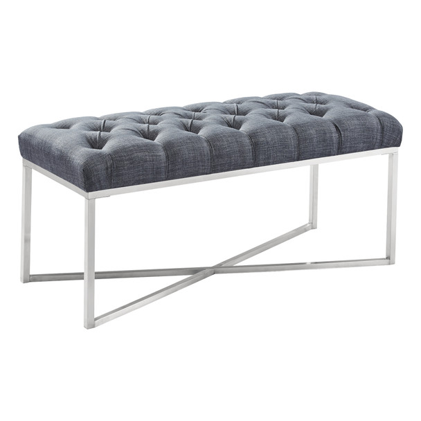 Armen Living Noel Contemporary Bench In Slate Grey Linen And Brushed Stainless Steel Finish